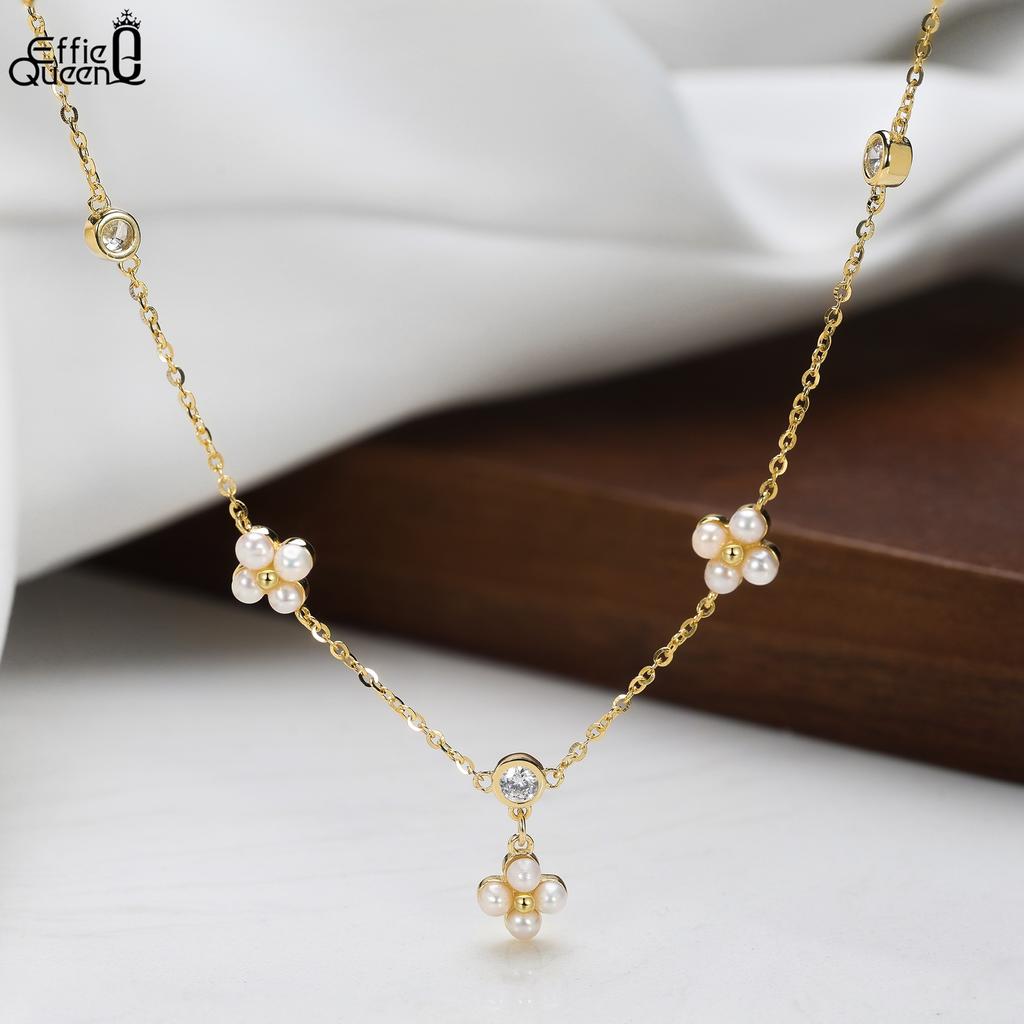 EFFIE QUEEN S925 Silver Natural Pearls Flower Charms Necklace with Small Zircon Romantic Flower Pendant Choker Chain Gift GPN100