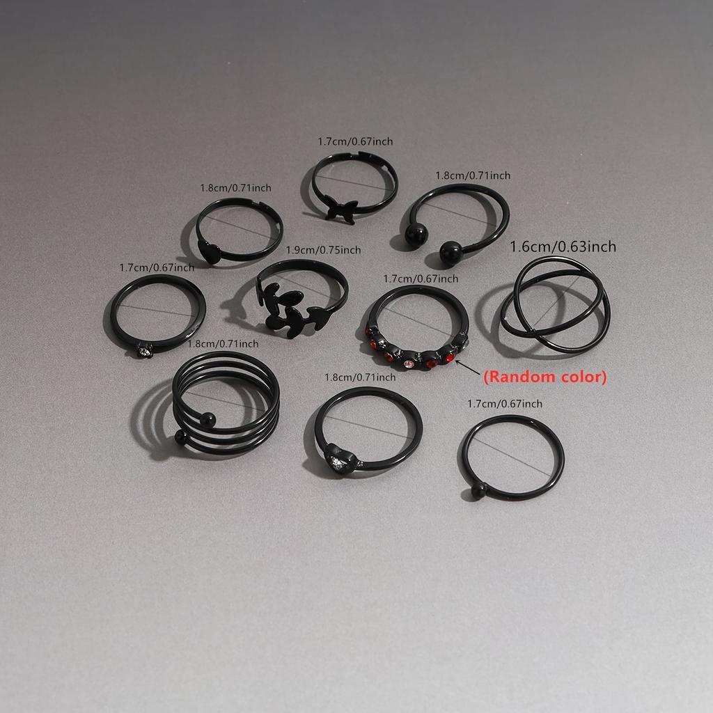10pcs Iron Ring Multi-Layer Rhinestone Inlaid Ring Set Retro Exaggerated Multi-Layer Geometric Thin Ring Colorful Rhinestone Black Ring Set