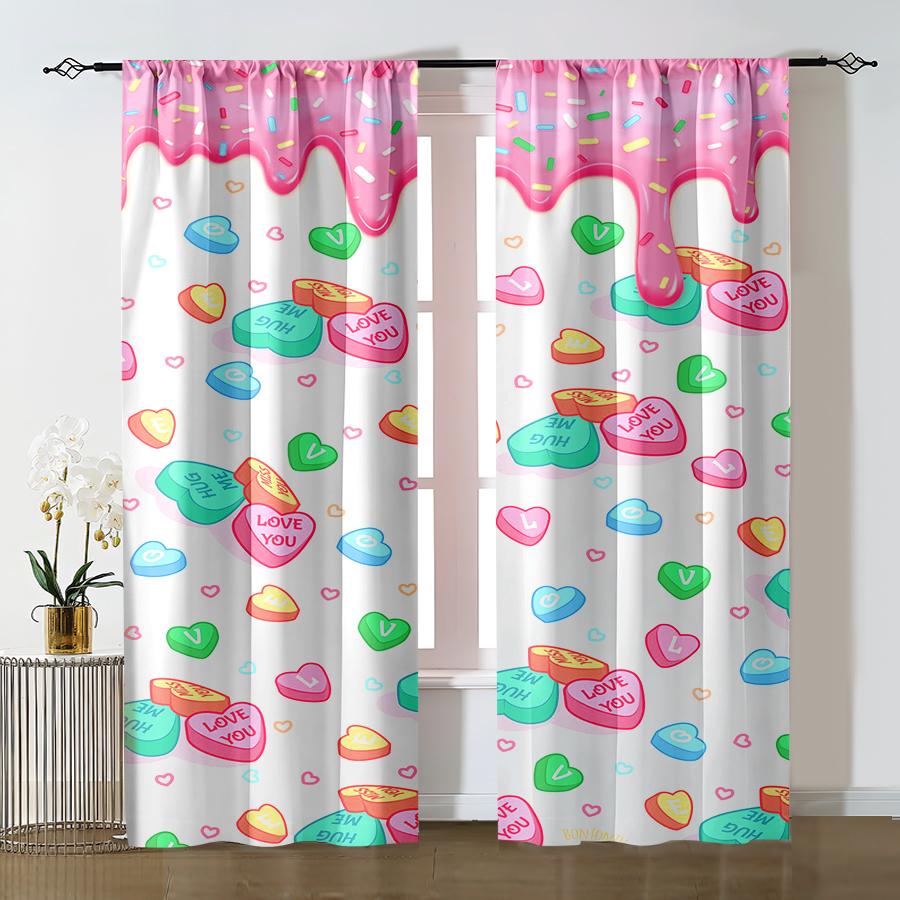 

2pcs Cute Candy Heart & Sprinkle Printed Curtains, Perfect for Valentine s Day Window Decor,Rod Pocket Curtains 24x59in(60x150CM)x2&Rod Pocket