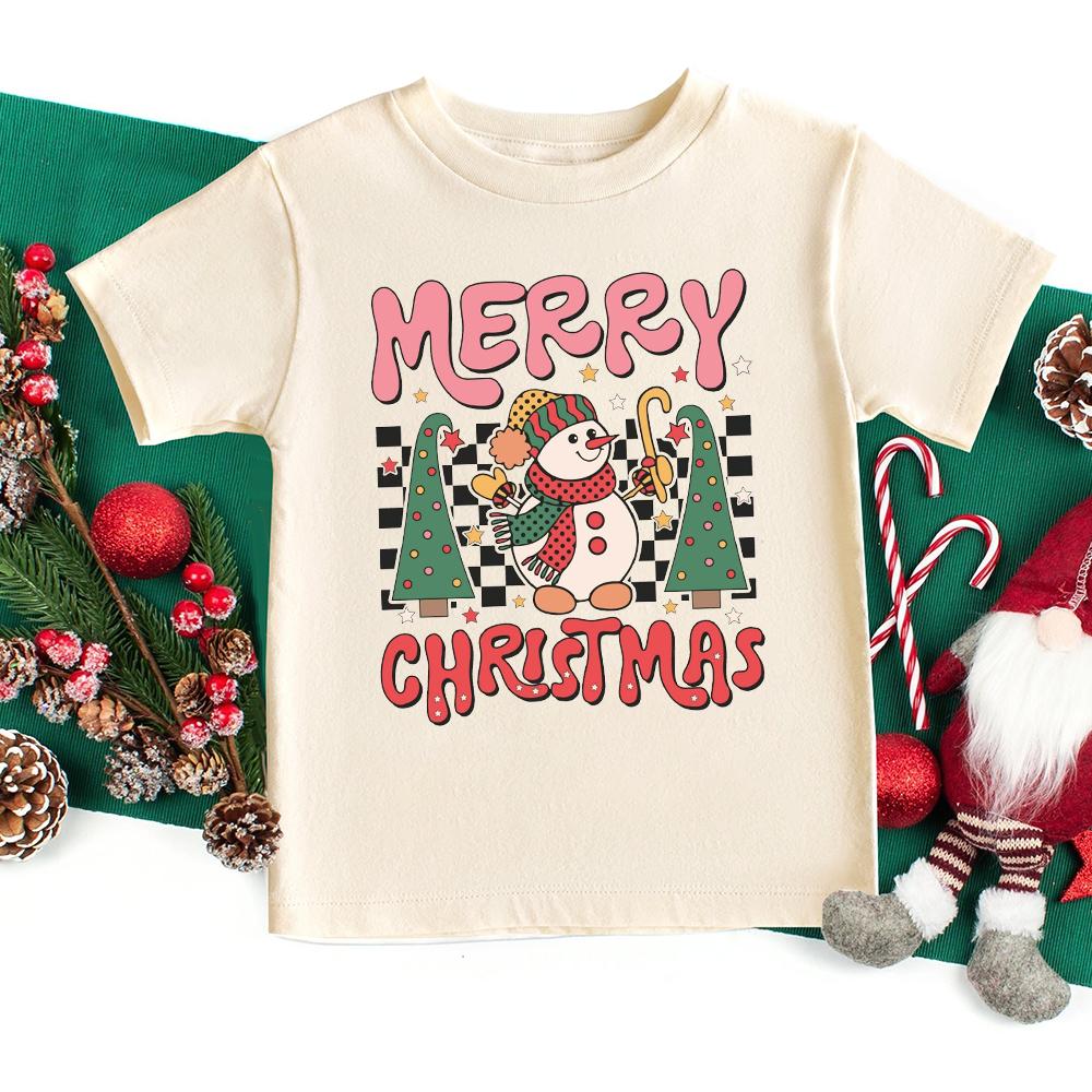 

Retro Merry Christmas Snowman Print Shirt Kids Xmas Party Child Outfit Winter Holidy Boys Girls T-shirt Toddler Clothes Tops 90
