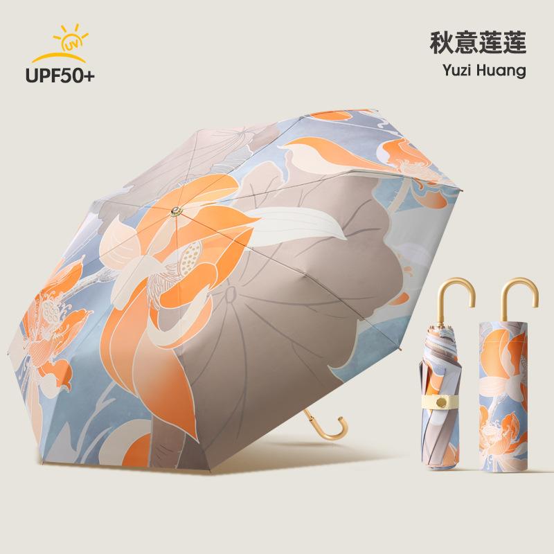 High value three-fold 8-bone small gold hook colored glue fabric sunscreen and UV protection folding parasol can be