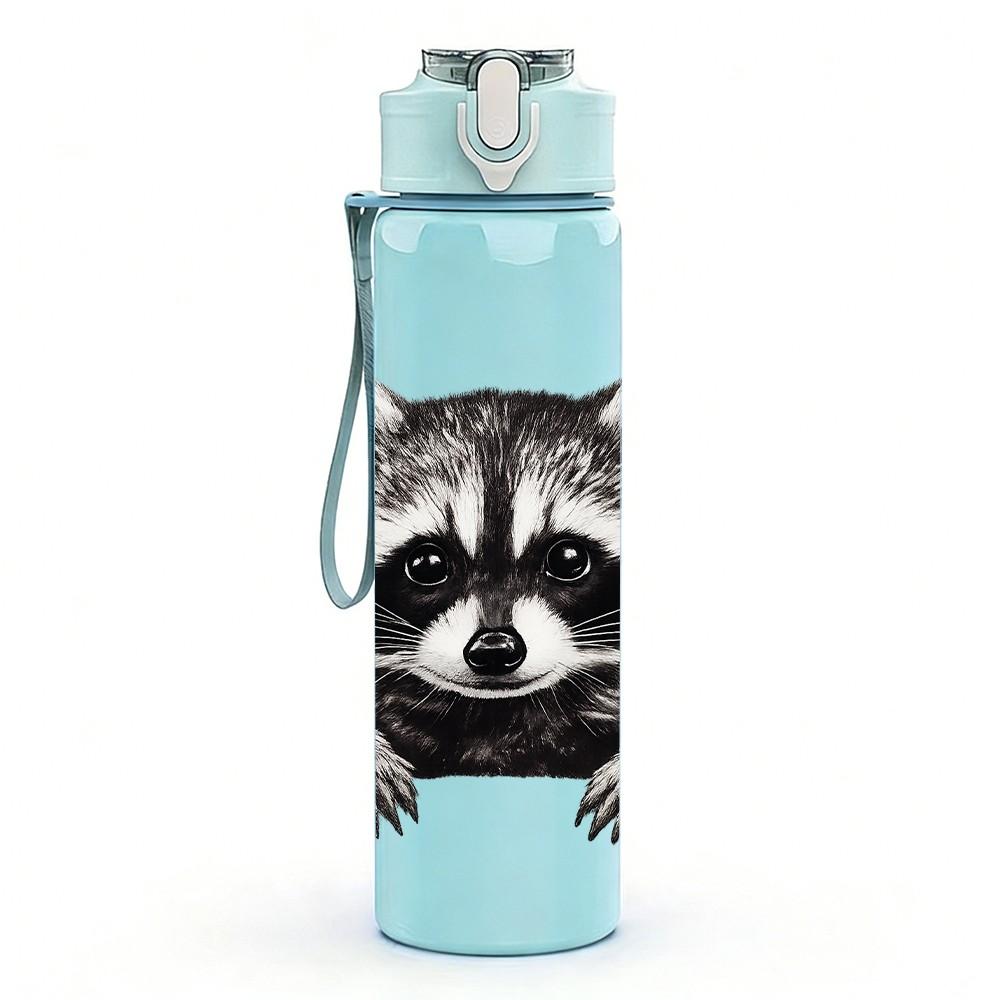 1PC Masked Raccoon Wild Animal Cartoon Print 750ml Color Plastic Sports Water Bottle Leakproof Flip Straw Lid Suitable for Sports Office Home Use
