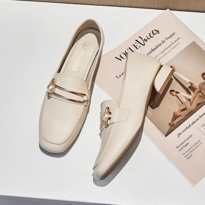 Women Heel Leather Casual Shoes Fashion Pearl High Heels Shoes Girl Beautiful Slip-on Loafers