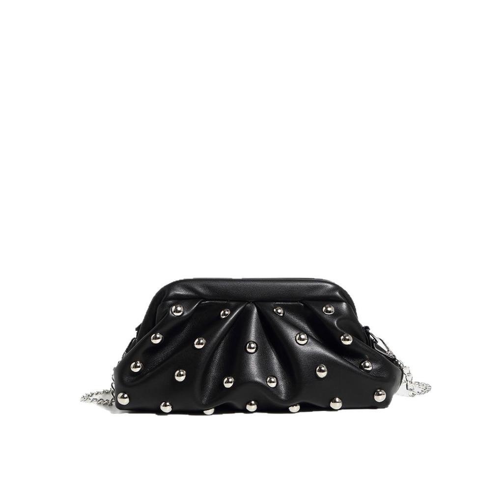 Trendy Shoulder Crossbody Clutch Bag with Mushroom Studs Chain Wrinkled Design Women's Fashion Underarm Bag for Multiple Occasions