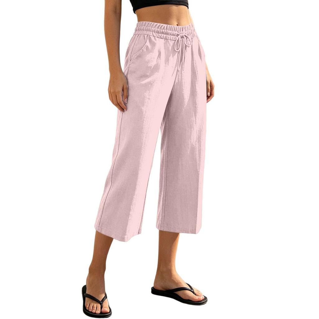 Women Drawstring Waist Loose Fit Cotton Linen Cropped Pants with Back Pocket Relaxed Fit Casual Seven Eighths Trousers for Daily Wear