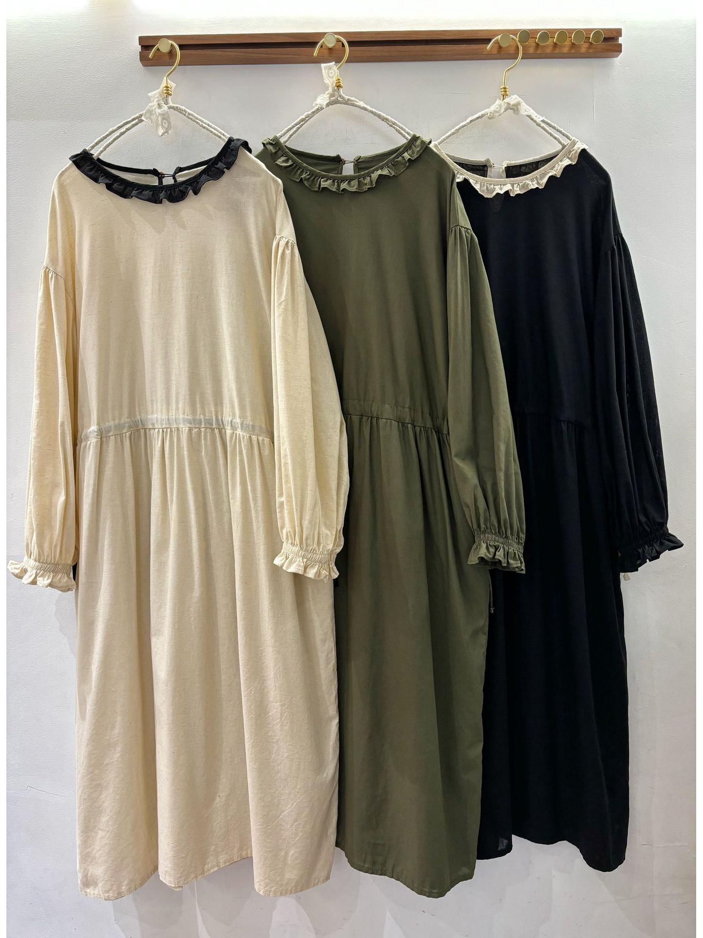 

2026 Spring Women s Japanese Linen Ruffle Collar Long Sleeve Casual Dress One Size абрикосовый/льняной