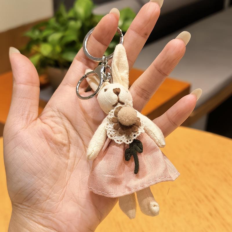 Cute Fabric Bunny Bag Charm, Handmade Plush Rabbit Keychain with Flower Dress & Braided Rope