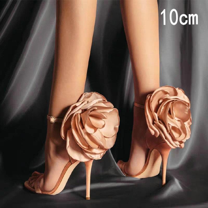 

Fashion Flower High Heels 2025 European And American New Style Sexy Satin Open-Toe Thin Heel One-Strap Banquet Sandals For Women 40