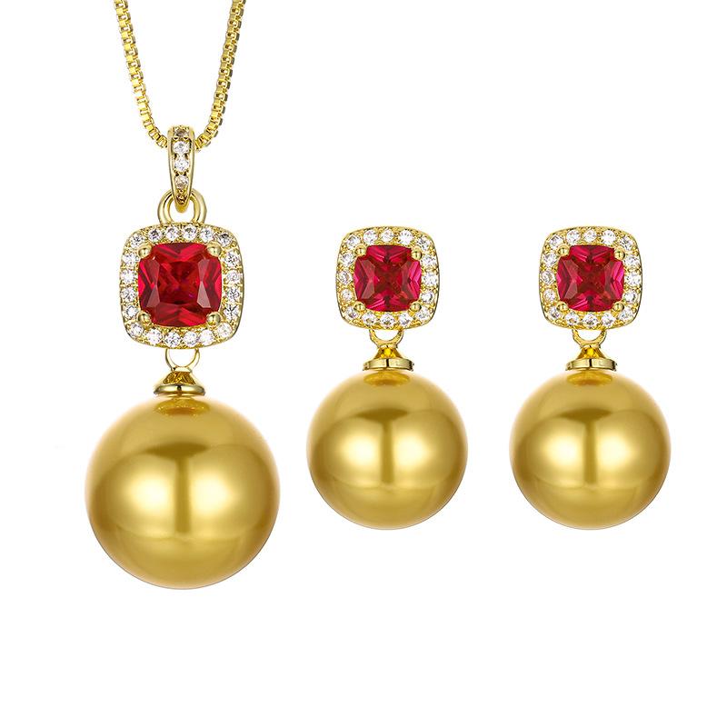 Jewelry Copper Bottom Gold Plated Red Corundum Dark Gold Pearl Premium Set Women 14-12M