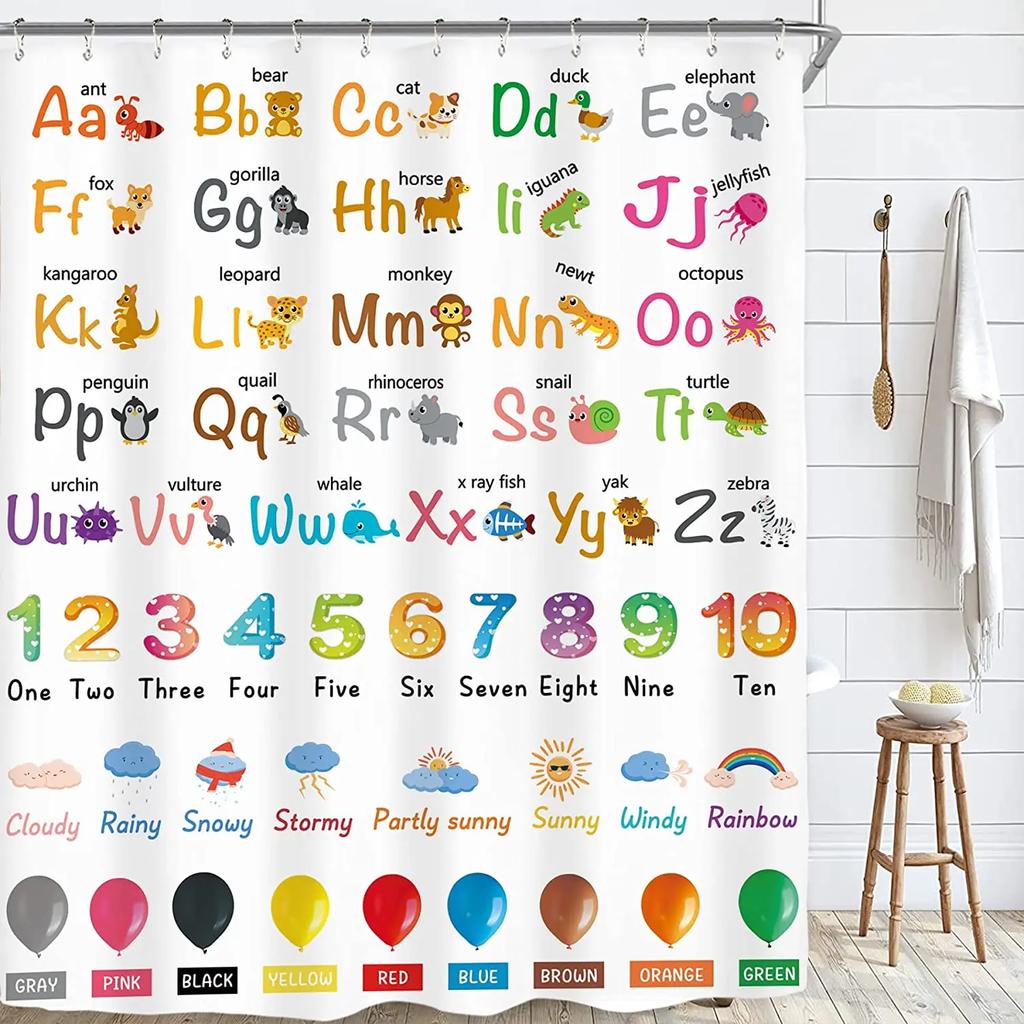 Kids Alphabet Shower Curtains For Bathroom Decor Abc Educational Learning Tool Baby Cartoon Animals Colorful Girls Boys Printed