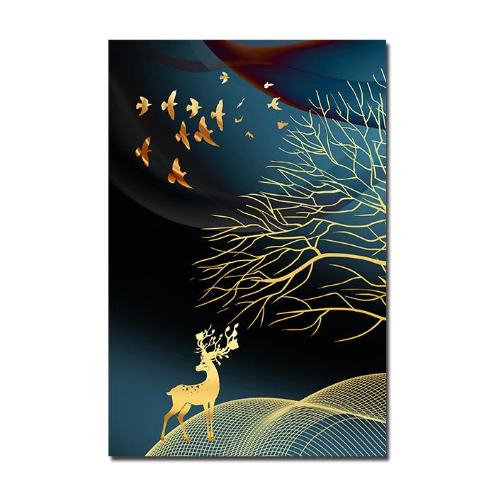 Golden Abstract Deer Tree Bird Wall Art Canvas Painting Nordic Posters and Prints Decorative Pictures for Living Room Home Decor