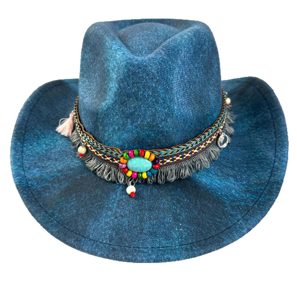 Außenhandel Minderheit Zylinder Fransen Western Cowboyhut Jazzhut Türkisfarbener Filzhut Outdoor Sonnenschutzhut