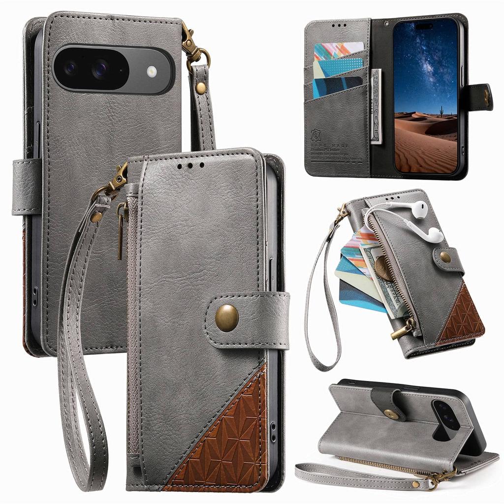 Für Google Pixel 10A 9A 10 9 Pro XL Brieftaschenhülle, RFID-Blockierung 3-Kartenhalter Ständer Stoßfeste TPU-Schale, Handgelenkband Reißverschluss