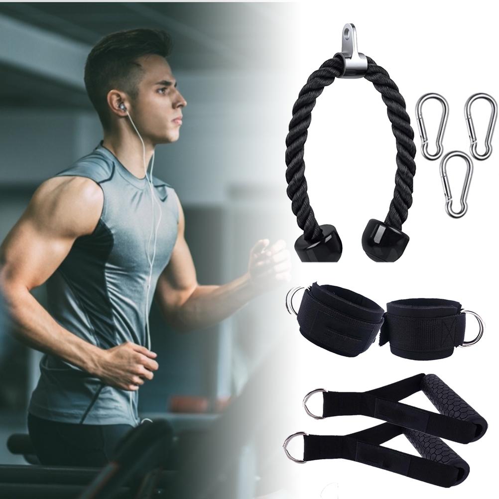 Fitness Pull Rope Set 2 Exercise Handles 3 Carabiner Clips Tricep Pull Down Rope Cable Machine Attachments for Gym Black