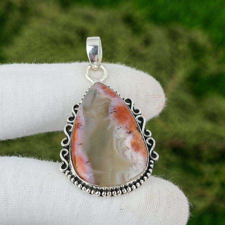 Pear Natural Crazy Lace Agate Wedding Trendy Engagement Bezel Pendant 925 Silver