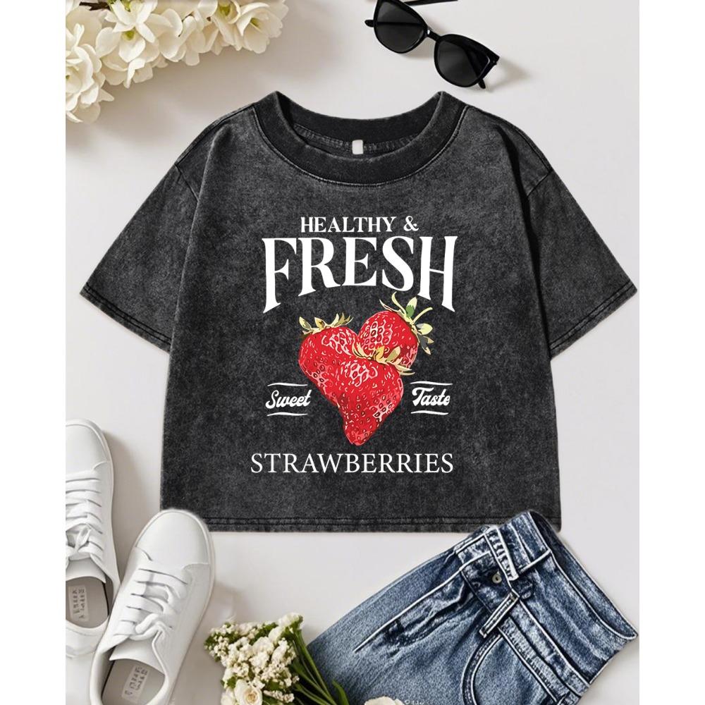 Healthy Fresh Strawberries Print Washed Slim T-Shirt Women Vintage Y2K T Shirts O-Neck Cool Clothes Short Sleeve