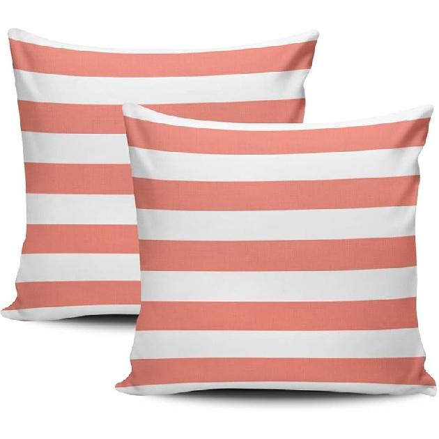 Home Set of 2 Pillow Case White Coral Nautical Stripes Outdoor Throw Pillow Covers Cushion Decorative Pillowcase Square 16 x 16 Inches
