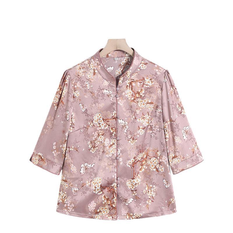 High-Quality Silk Tang Suit Shirt for Women - Summer Mid-Sleeve Plus Size Top for Middle-Aged and Seniors