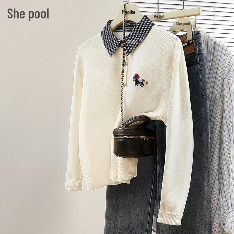 Women s Plaid Lapel Faux Two-Piece Embroidered Knit Cardigan One Size