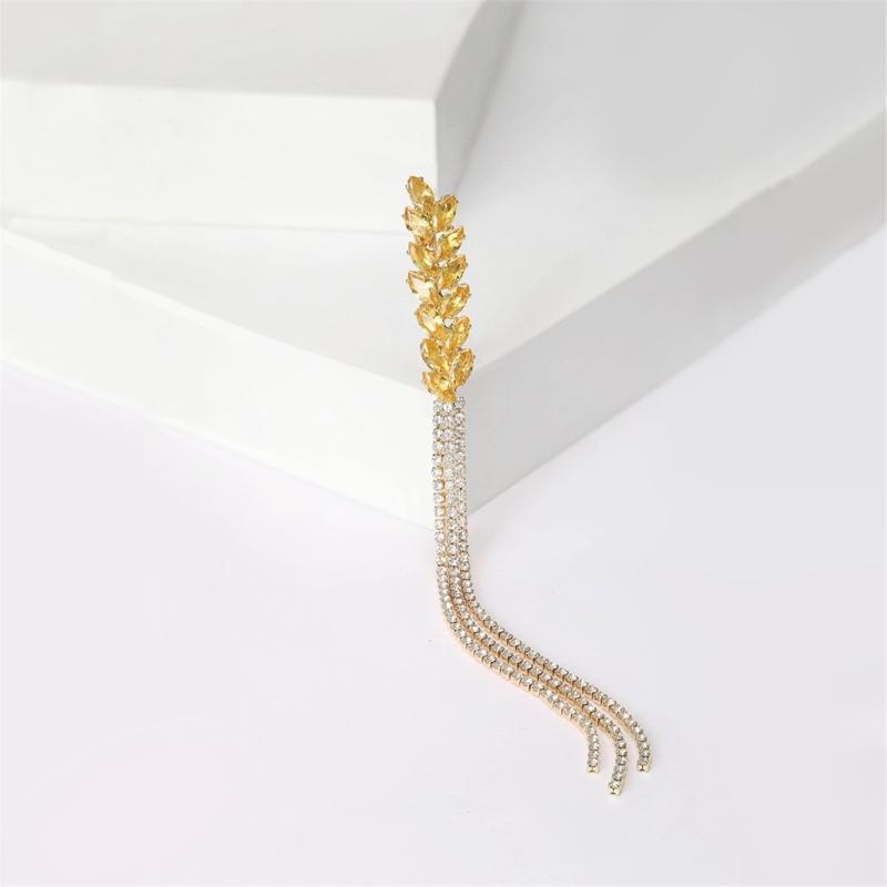 Elegant Women's Brooch with Long Thread Lapel Pin Stylish Wheat Ear Jewelry Flowing Fringe Sparkling Crystal Lapel Pins