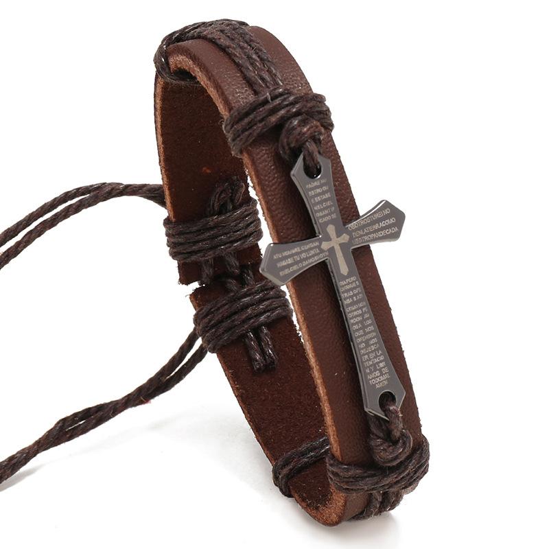 Retro Punk Metal Cross Bible Bracelet Hand Woven Cowhide Leather Adjustable Christian Unisex Jewelry Gift for Men Women