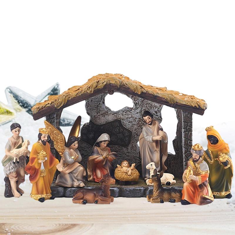 12 Pcs Resin Hand-painted Nativity Figurines Holy Family Crafts Statue Decor Home Living Room Church Decoration Nativity Set