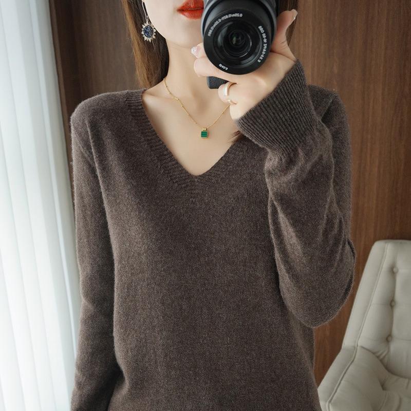 2025 Autumn Winter V-neck Knitted Pullover Women Sweater New Solid Color Fashion Elegant Casual Bottoming Shirt Thin Solid Color Simple Clothing