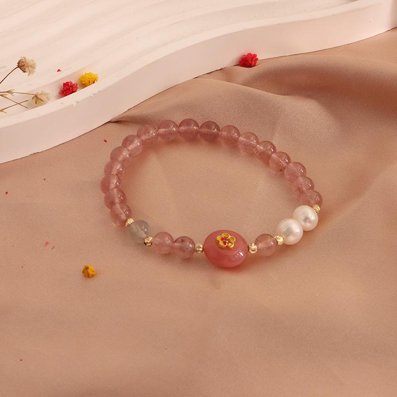 Natural Strawberry Crystal Bracelet, Peach Blossom Bracelet, Moonstone Cat's Claw Crystal Pixiu Natural Freshwater Pearl Bracelet.