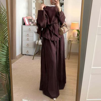 2026 Spring and Autumn New European and American Women's Clothing Cross-border Large Size Long Sleeve Lace-Up Top Suit Wide Leg Pants Two-piece Set