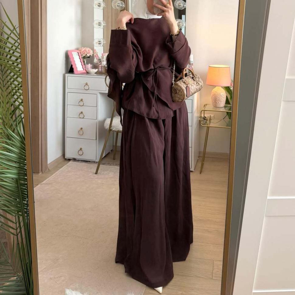 2026 Spring and Autumn New European and American Women's Clothing Cross-border Large Size Long Sleeve Lace-Up Top Suit Wide Leg Pants Two-piece Set
