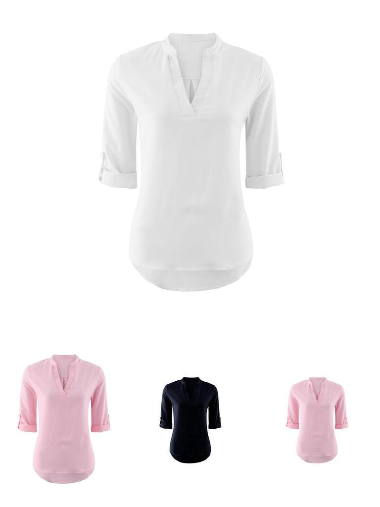 Polyester V Neck Button Front Womens Casual Shirt For Office And Spring Wear