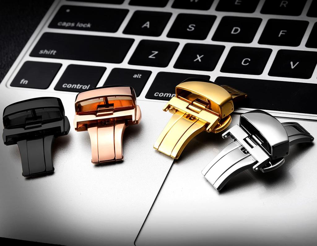 BINLUN Stainless Steel Watch Replacement Clasp for Leather Watch with Butterfly Buckle and Spring Bar Remover Buckle, Push-Button Style, Double-Sided,