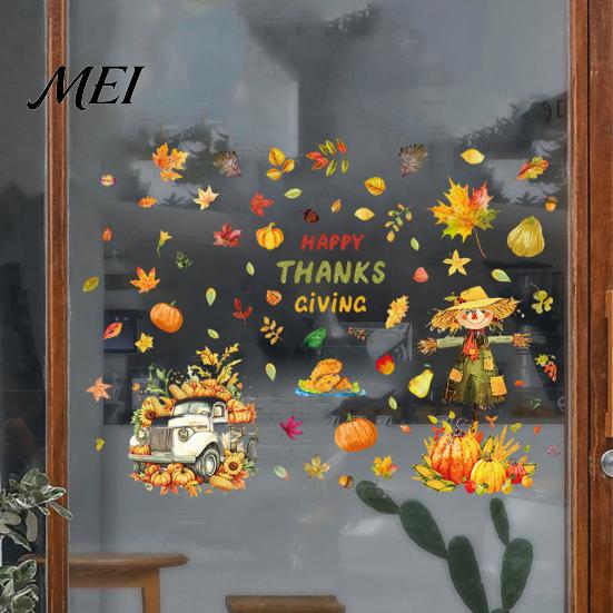Thanksgiving Party Decor 4 Sheets Autumn Harvest Static Window Stickers, Maple Leaves Pumpkins Scarecrow Pickup Truck Decorative PVC Film Decals,