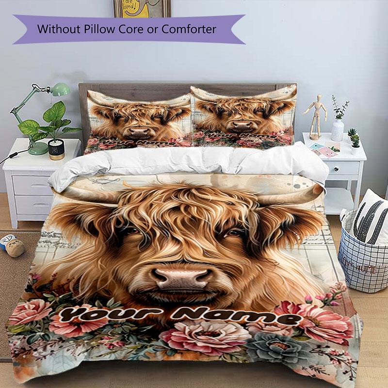 3PC Custom Name Highland Cow Floral Art Bedding Set Printed Bedding Set Duvet Cover Closure Includes 1 Duvet Cover & 2 Pillowcases for All Seasons Bed