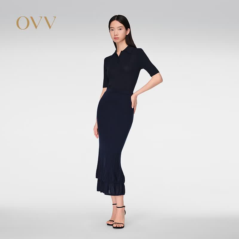OVV Women s Wool Blend Double-Layer Fishtail Knit Midi Skirt L