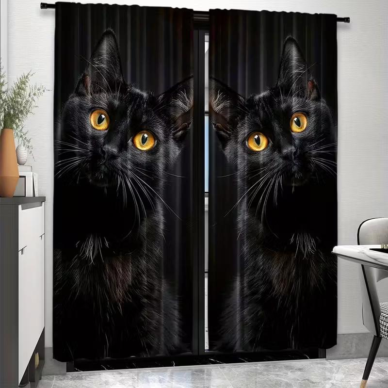 2PCS Black Cat Print Art Curtains, Pole Bag Polyester Material Design, Bedroom, Home Decoration
