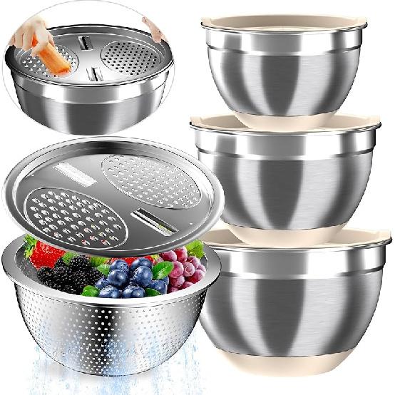 Mixing Bowls with Airtight Lids, Stainless Steel Mixing Bowl Set with 3 Metal Nesting Bowls, Colander & Grater, Non-Slip Bottoms, Size 1.5, 2.5, 5
