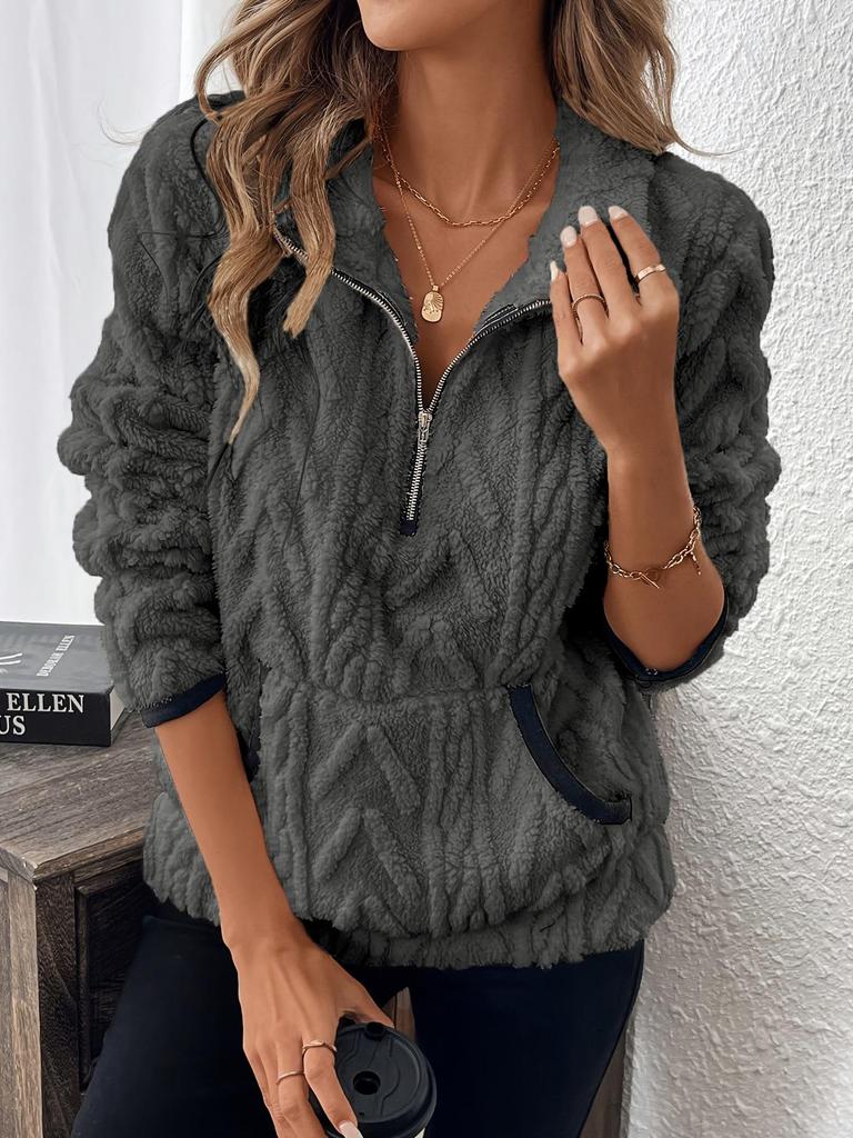 2025 Autumn/Winter European & American Lapel Jacquard Half-Zip Plush Pocket Short Sweatshirt
