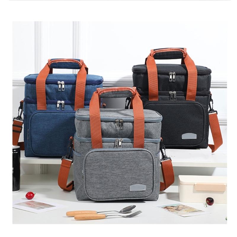 Expandable Double Deck Lunch Box Thermal Leak Proof Food Bag with Oversized Cup Pocket and Adjustable Strap