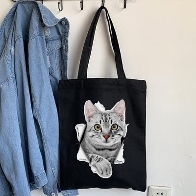 Cartoon Bulldog Katze Einkaufstasche Frau Shopper Falten Leinwand 2022 Tote Reisetaschen Designer Handtaschen Gedruckt Tuch Schulter Damen Stoff