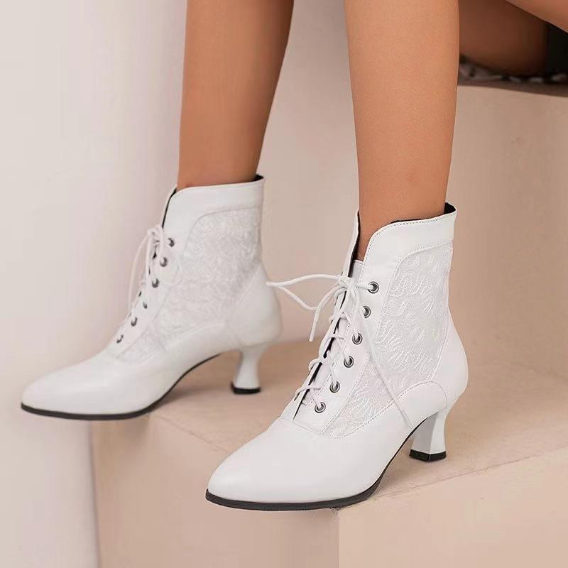 Autumn and winter new European and American style lace lace wine glass middle heel front strap pointed women's short boots