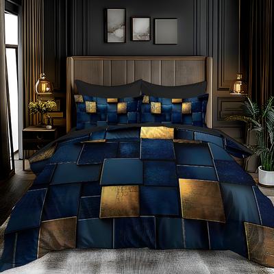 2/3-teiliges 3D Weltraum Cartoon Bettwäscheset, Blau Goldenes Abstraktes Muster Ultraweiches Gebürstetes Polyester, Knitterfrei Hautfreundlich