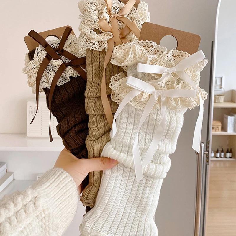 Autumn Winter Leg Warmers Woman Lolita Lace Bowknot Knitted Socks Girls Knee Warmers Long Stockings Warm Foot Cover Boot Socks