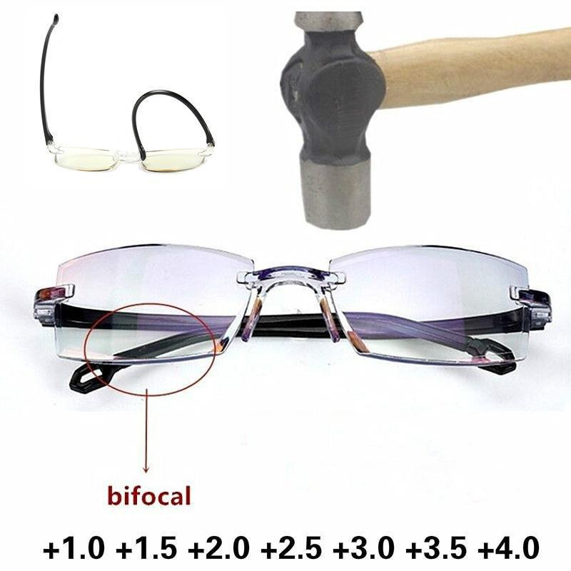 Men Women Rimless Reading Glasses Bifocal Far Near Anti Blue Light Magnification Glasses