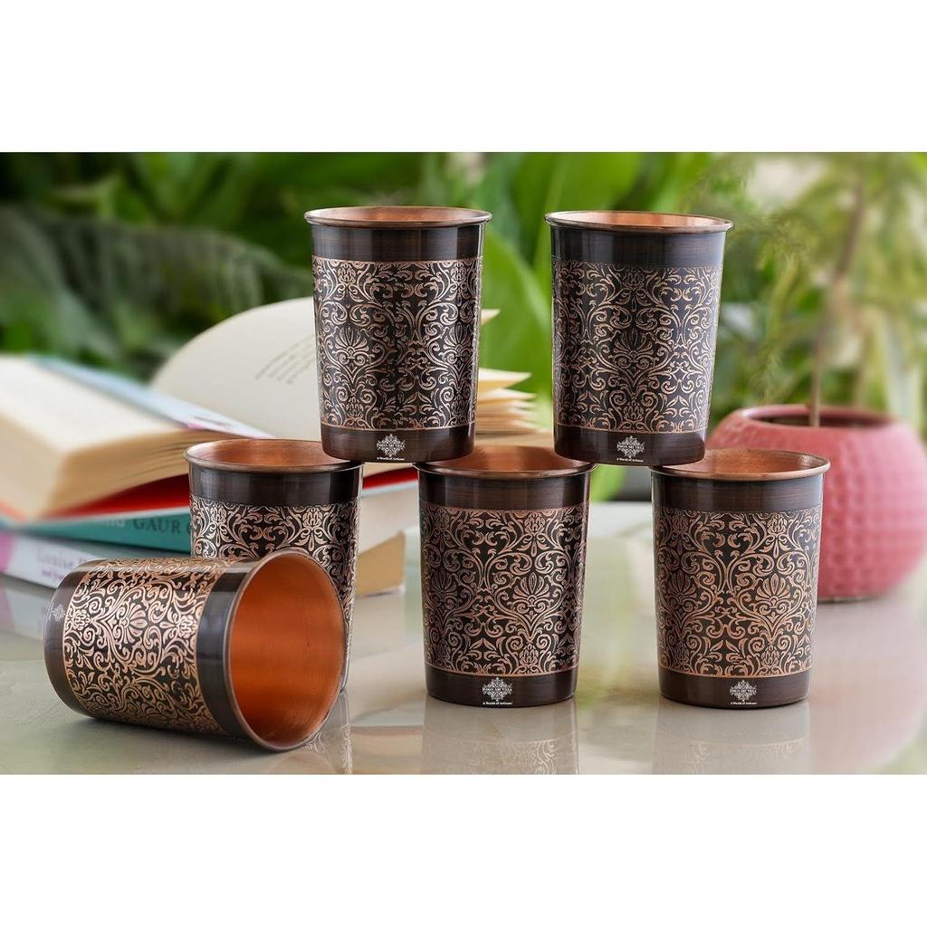 Design Glass – 275 ML, Ayurvedic Copper Drinkware for Daily Use, Elegant Handcrafted Water Glass for Home, Office, and Gifting, Set of 6