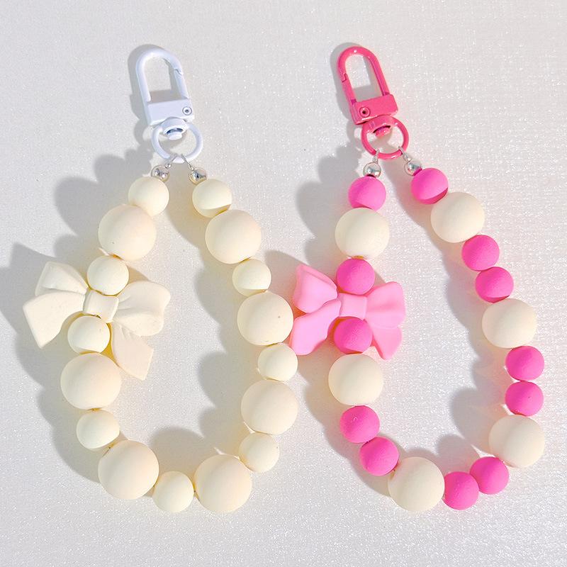 Pink Pearl Bow Keychain Beaded Pendant Anti-Lost Rope Mobile Phone Chain Earphone Bag Car Keychain Backpack Accessory