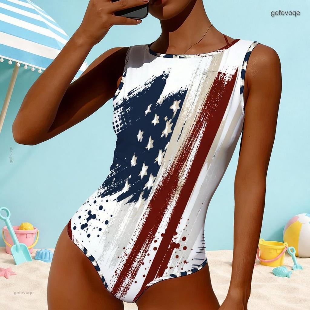Women Plus Size High Round Neck Sleeveless One Piece American Flag Printed Swimsuit