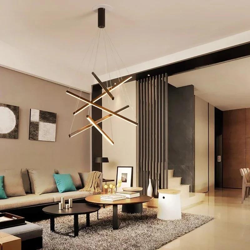 Black Stair Chandelier Modern LED Ceiling Lamp Long Line Interior Fixture for Living Room Duplex Hanging Lamp