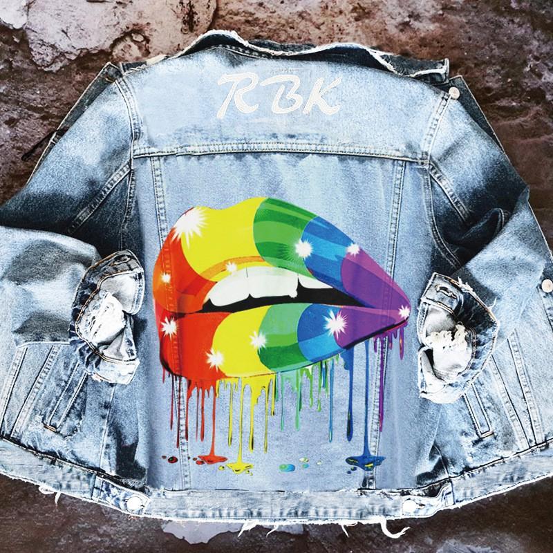 Womens Street Style Denim Jacket Colorful Lips Print Oversized Trucker Casual Wear