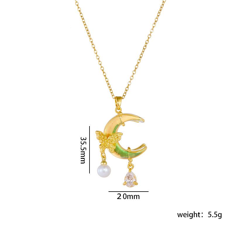 Stainless Steel Chain Sweet Shiny Zircon Butterfly Resin Moon Pendant Necklace for Women Lady Fashion Jewelry Accessories Gifts